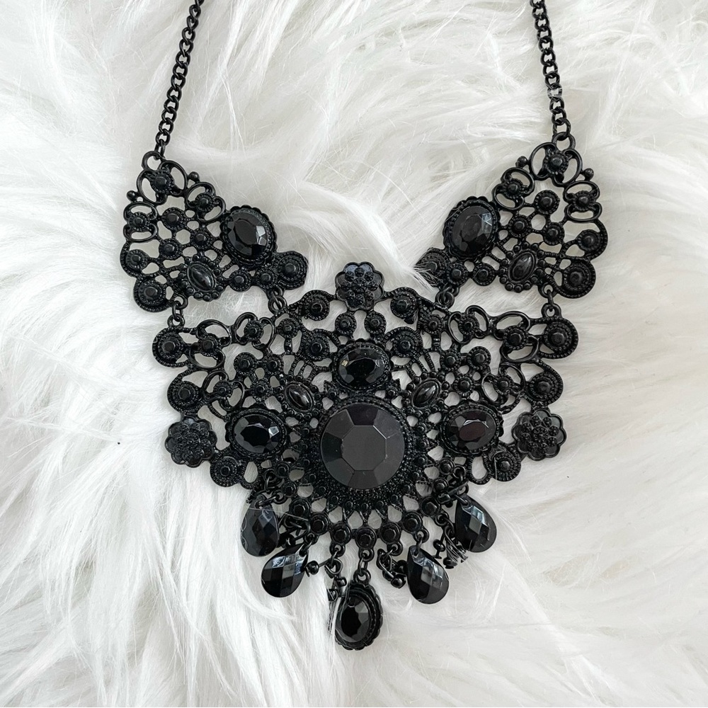 3/$30 Black Lace Gothic Beaded Bob Statement 18” Metal Necklace NWOT
